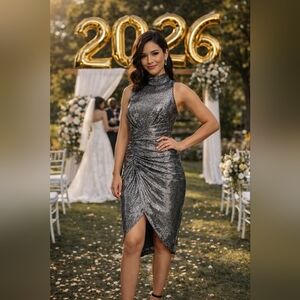 VINCE CAMUTO Disco Dotted Metallic Sleeveless Side Ruched Tulip dress